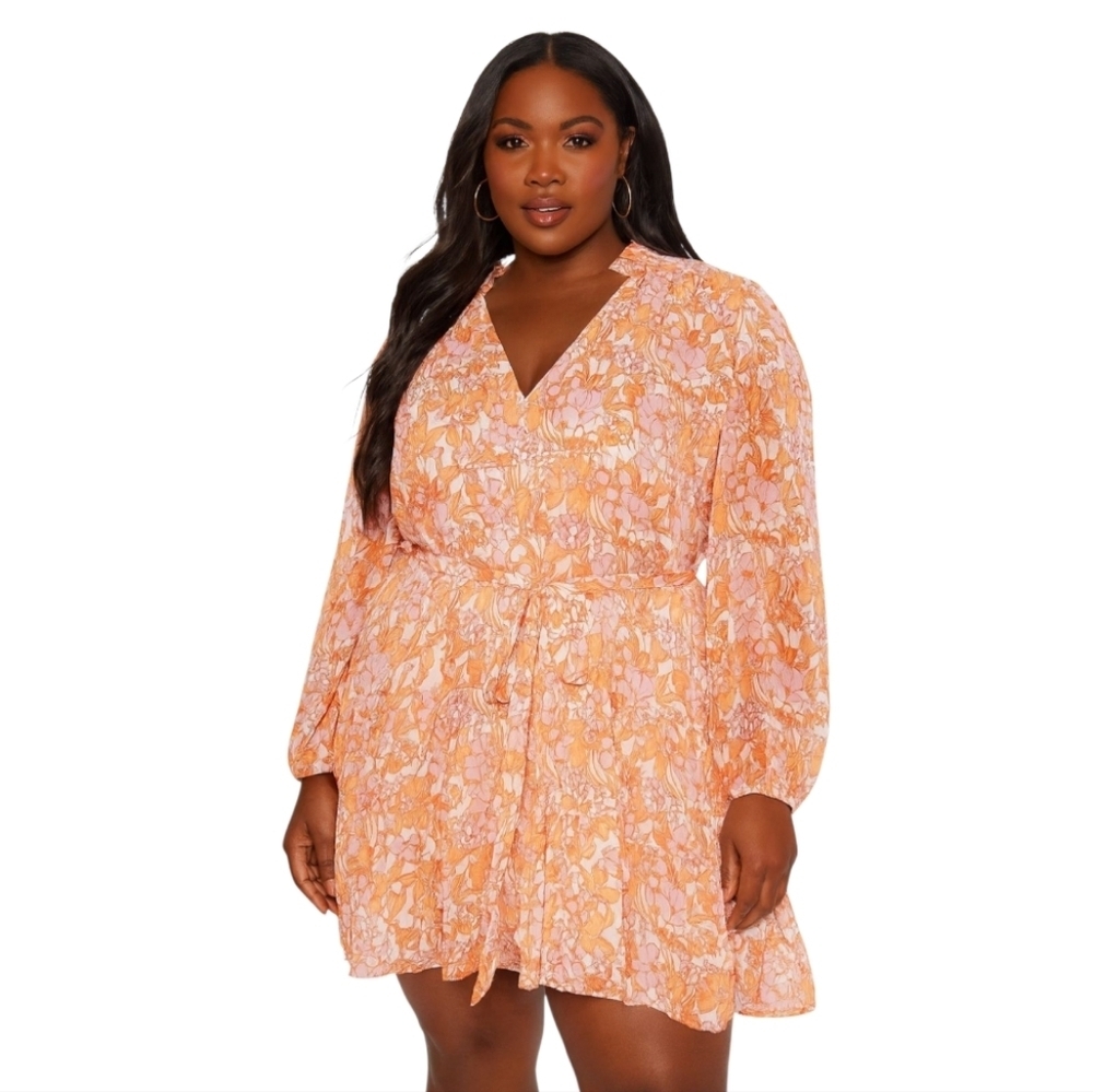 RyeGrass Women's Plus Floral Orange Pink White Sheer Lined Dress 2X